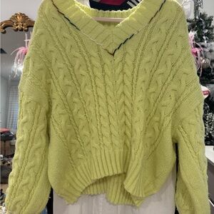 BiBi Neon Yellow V Neck Cable Knit Sweater